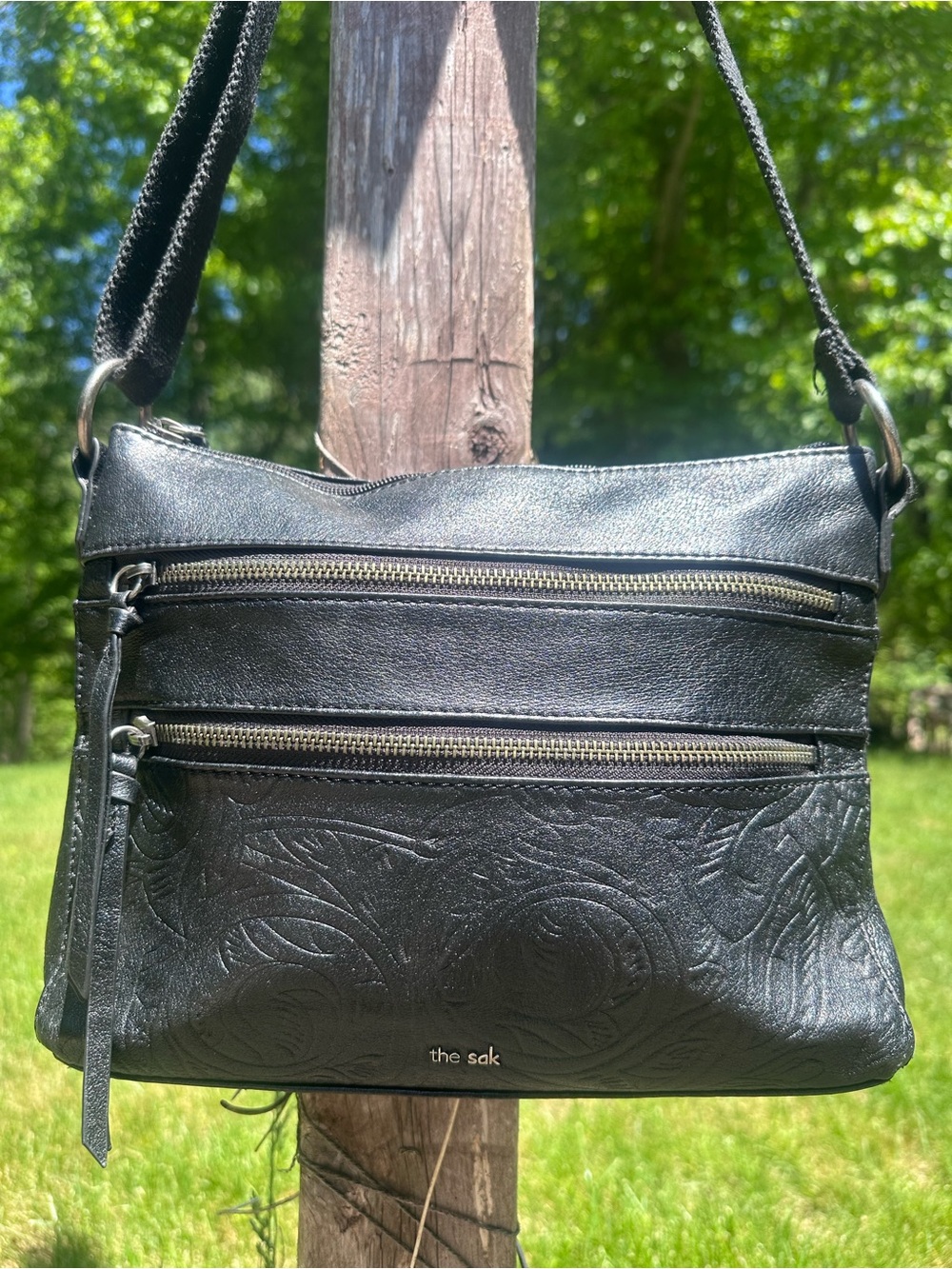 The Sak Black Embossed Leather Crossbody with Dual Zips